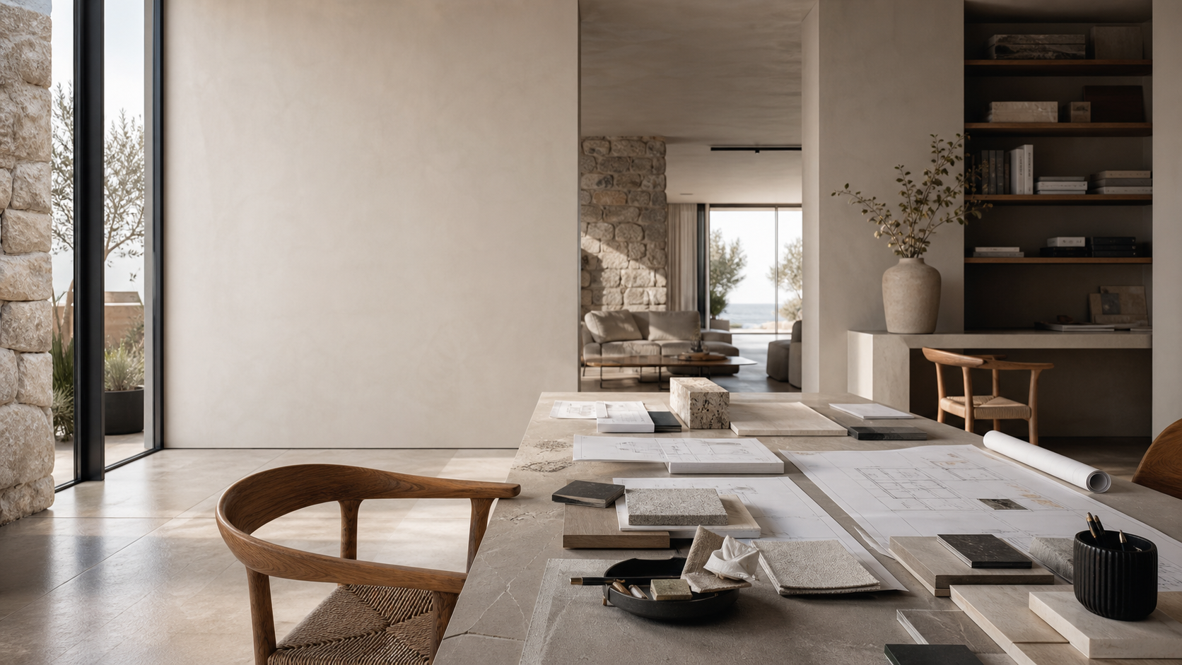 Arhitektonski studio s nacrtima, materijalima i mirnim interijerom